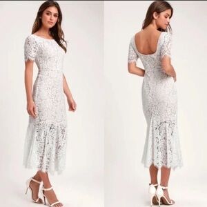 LULU’S Love You Tonight White Lace Mermaid Trumpet Midi Dress Size M